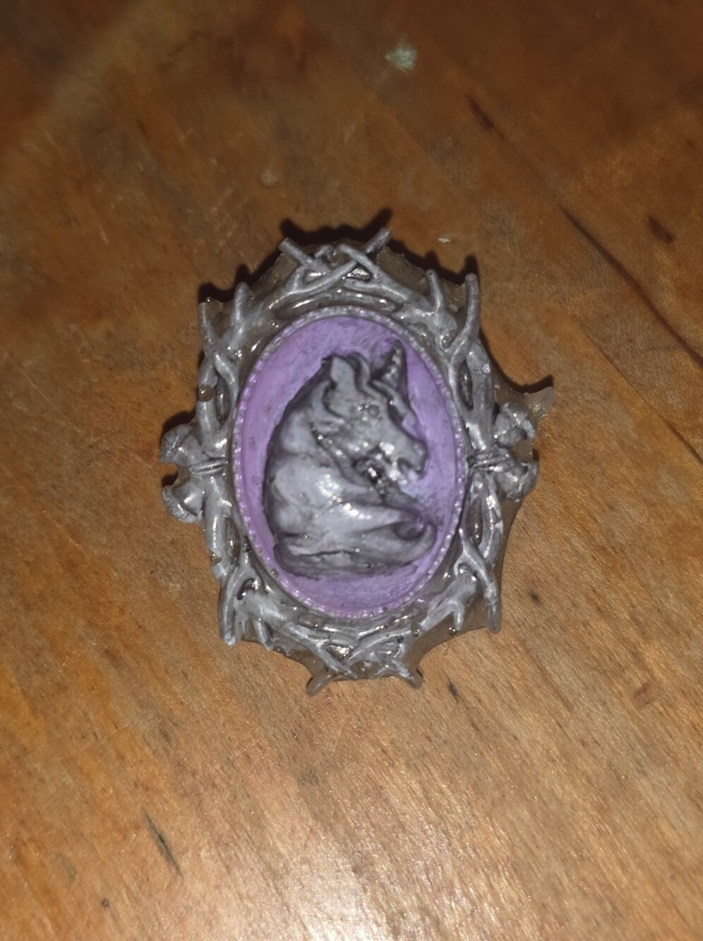 Handpainted Distressed Unicorn Resin Pendant Lavender & Egg Shell White Brooch
